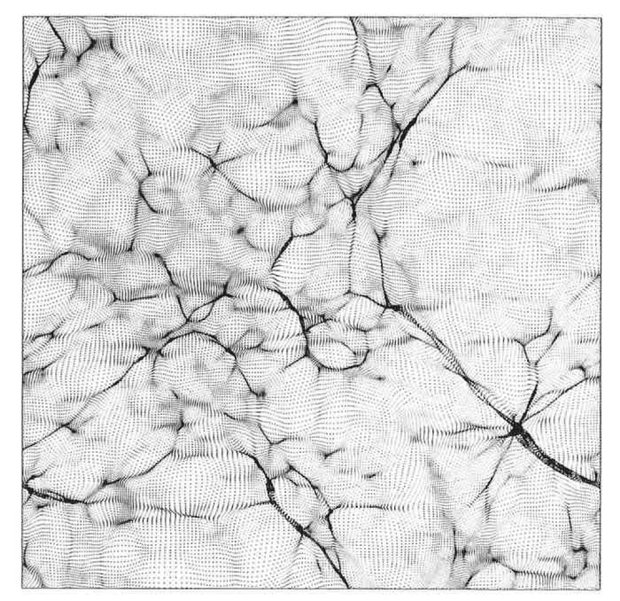 Simulation run by Adrian Melott at the University of Kansas. It shows a hypothetical distribution of galaxies in the Universe.