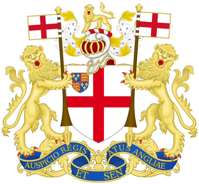 The coat of arms of the East India Company. The motto reads “By the authority of the King and Parliament of England.”