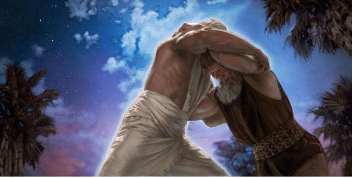 In Genisis 32:22-32, Jacob finds himself wrestling all night with a mysterious stranger whom he knows can bless him.