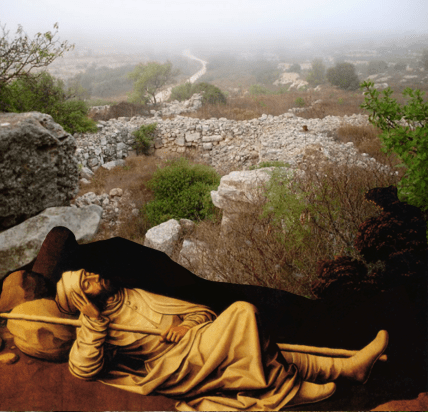 Forced to abandon the comforts of home, Jacob, on the way to Haran, finds himself in the mountainous, uncharted wilderness of a strange land.