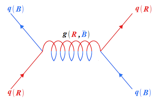 The exchange of a gluon between two quarks, creating a strong force between them. Notice the conservation of overall colour. Colour is displayed in brackets next to each particle.