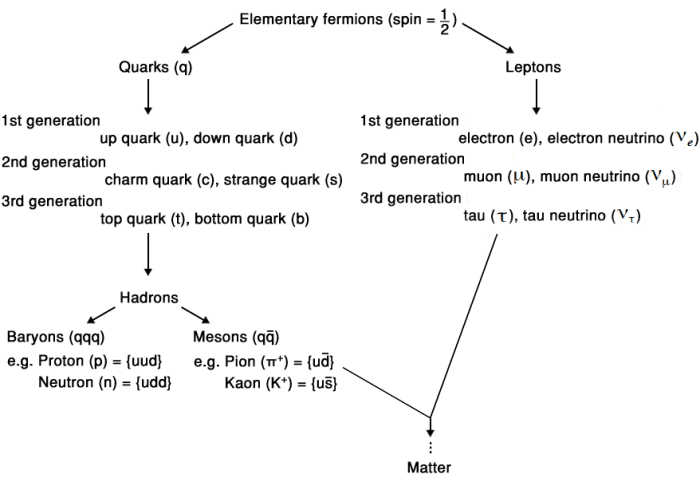 The pattern of the twelve elementary fermions, how they are arranged into generations and then bind together to form matter, such as atoms.
