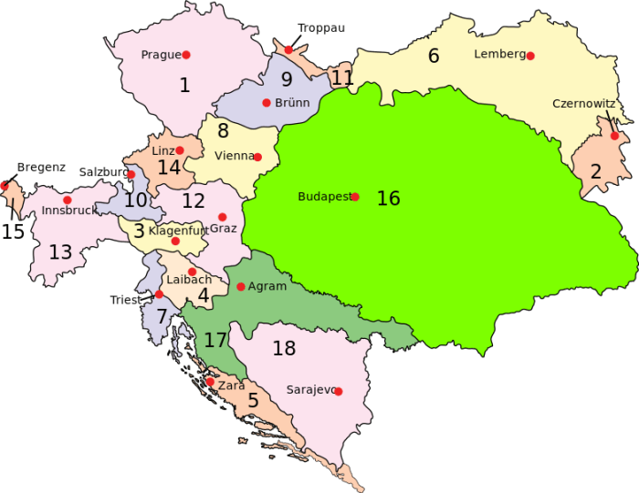 16 and 17 belong to the Kingdom of Hungary, and 18 to an Austro-Hungarian condominium, while the rest were part of the Kingdom of Austria.