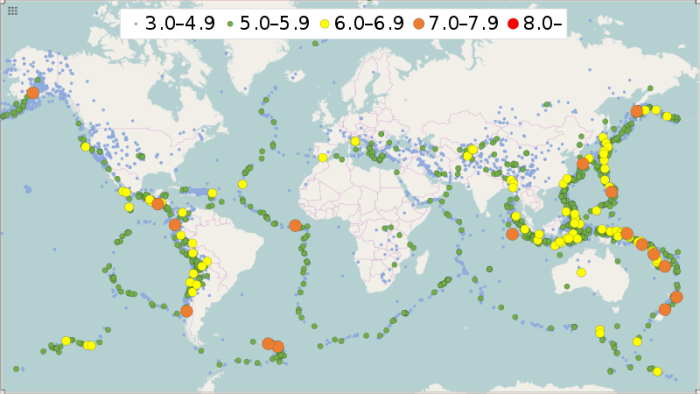 A map showing the major volcanoes on Earth, most of which lie on or near the boundaries of tectonic plates