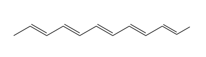 Theoretically, an alkene could have an infinite number of double bonds. This molecule has five: can you figure out what the general formula would be?