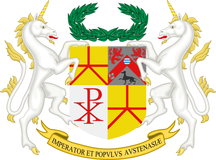 Austenasia's rather grand coat of arms, but its motto simply means "The Emperor and People of Austenasia." No stirring of patriotic fervor about courage and honour.