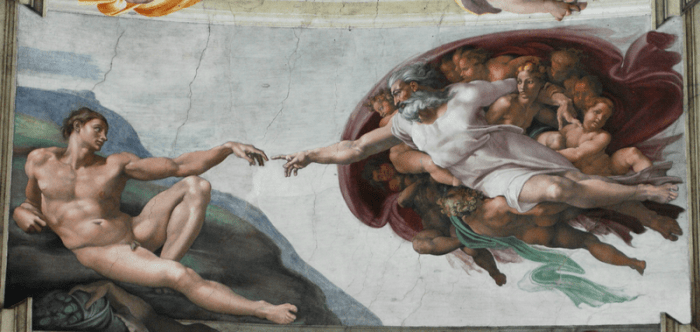 Michelangelo, Creation of Adam, Celing of the Sistine Chapel. Some scholars see the representation of a brain in the cloak that surrounds God