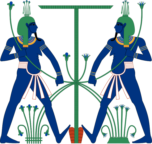In the ancient Egyptian religion, Hapi was the god of the flooding of the Nile, which took place each year. The image shows Hopi represented as two genies, symbolically tying together upper and lower Egypt.