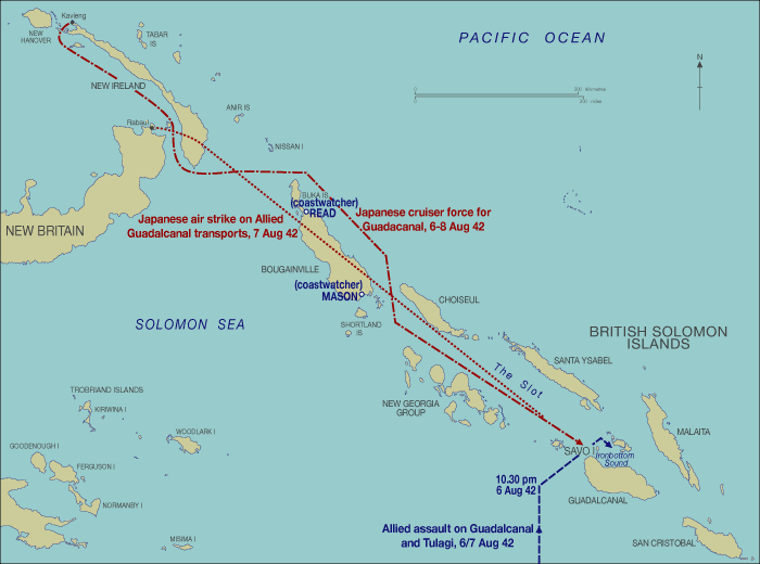 The Japanese Navy attacks Allied landing force off Guadalcanal in the early morning hours on August 8,1942.