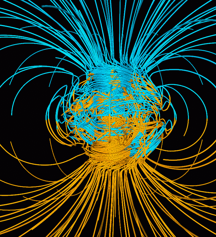 Simulation informatique du champ magnétique terrestre dans une période de polarité normale entre les inversions.'s magnetic field in a period of normal polarity between reversals.