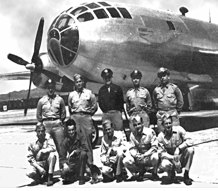 The crew of Bockscar the B-29 that dropped the Atomic Bomb on Nagasaki, August the 9th 1945.