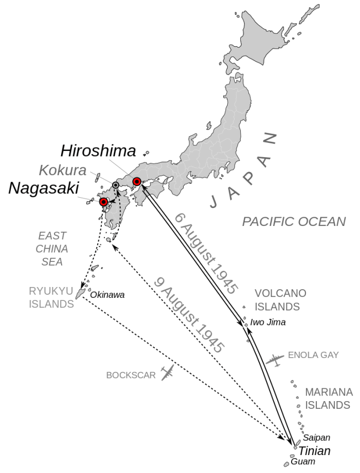 The route to Hiroshima and Nagasaki of the B-29s that dropped the atomic bombs on Japan's Homeland.