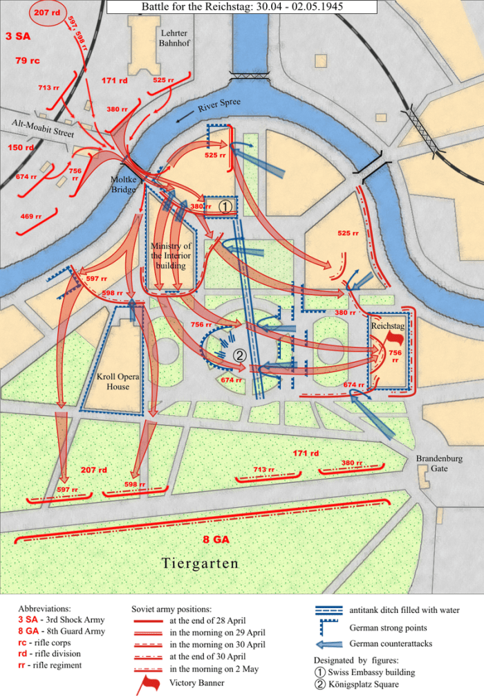 The fighting around the center of Berlin took on a new dimension as the last fanatics of the National Socialist revolution found themselves fighting for its government buildings near the Reich Chancellery itself not too far from Hitler's bunker.