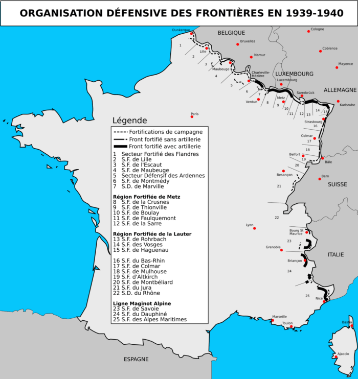 A map of the defensive positions of the French defensive system, strongest along the German and Italian borders.