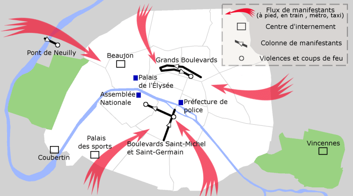 A map of the October 17, 1961 demonstrations in Paris, where up to several hundred protesters were killed.