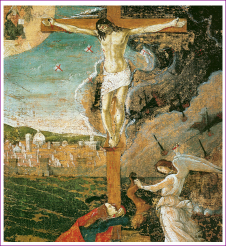 This painting shows an image that depicts the state of Florence and its fate in the background. It shows a flourishing town with a bright future. It shows Christ on the cross and beside him is a weeping angel. On the fore ground is Mary Magda