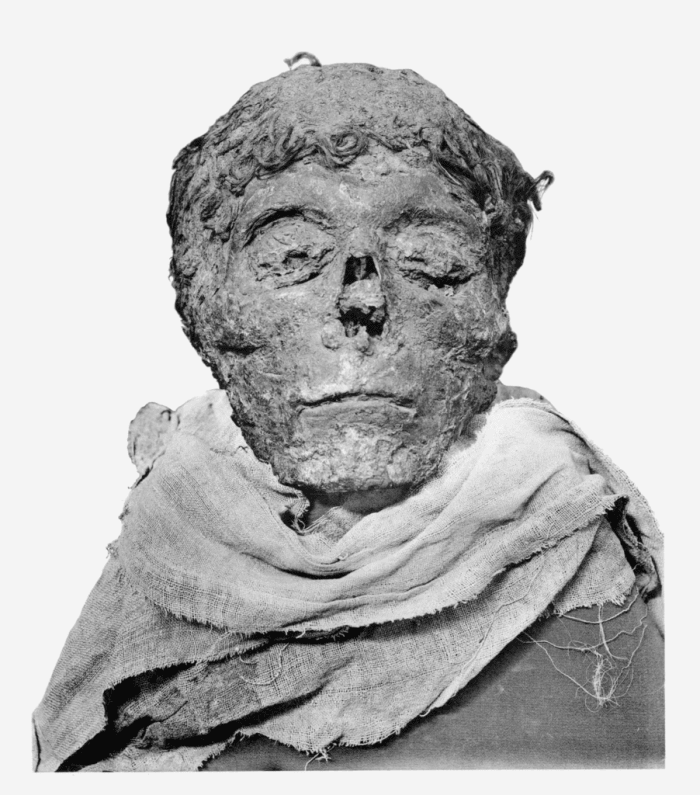 The mummified head of Egyptian pharaoh King Ahmose I.