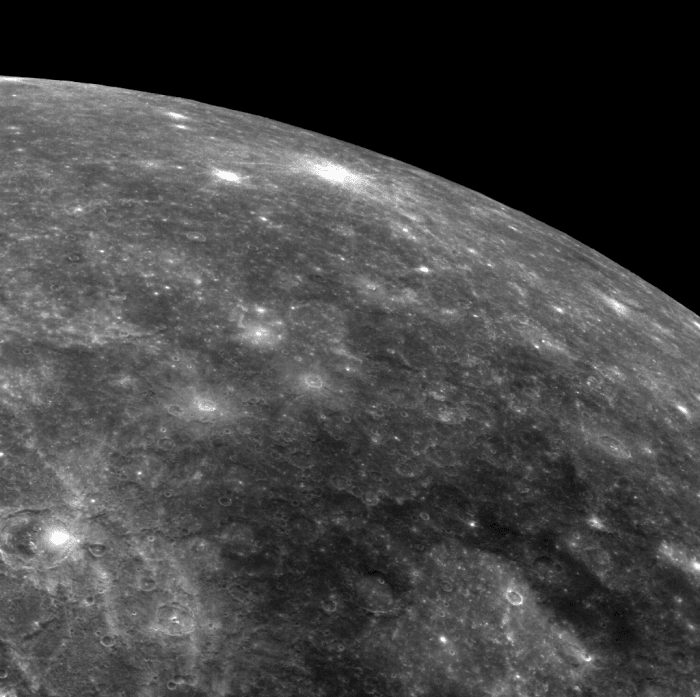 Up-close view of Mercury's surface. Notice how the planet is dotted with meteor and asteroid craters.