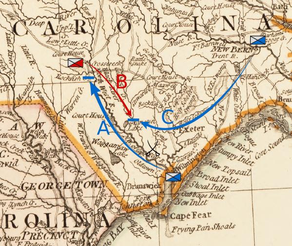 Map depicting preliminary movements: A: Moore moves from Wilmington to Rockfish Creek B: MacDonald moves to Corbett's Ferry C: Caswell moves from New Bern to Corbett's Ferry.
