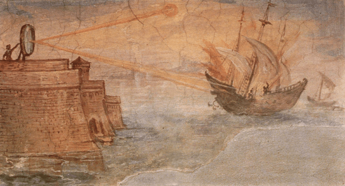 Artist's impression of Archimedes' mirror used to burn Roman ships. From a painting by Giulio Parigi, c. 1599