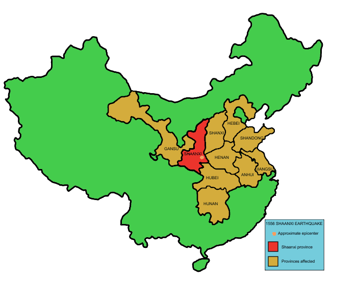 1556 Mapa das áreas afectadas pelo terramoto de Shaanxi.