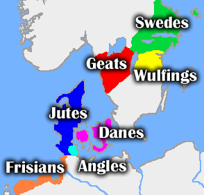 Este mapa ilustra dónde reside cada una de las tribus mencionadas en Beowulf.