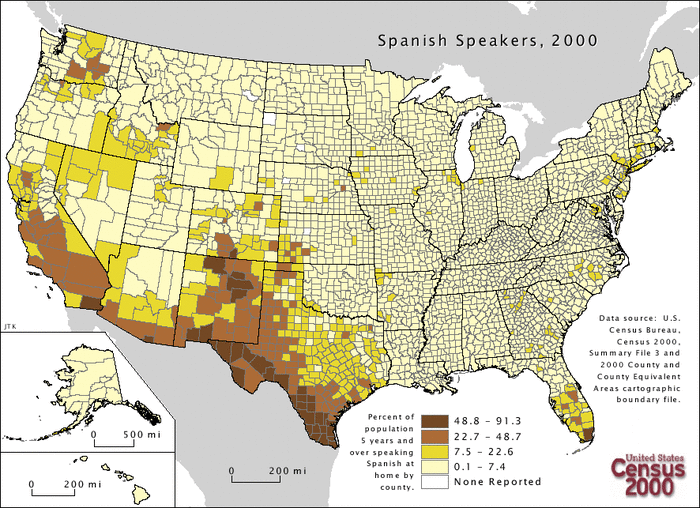 Spanish is spoken throughout the United States with varying degrees of popularity. The map above indicates where Spanish is spoken most frequently.