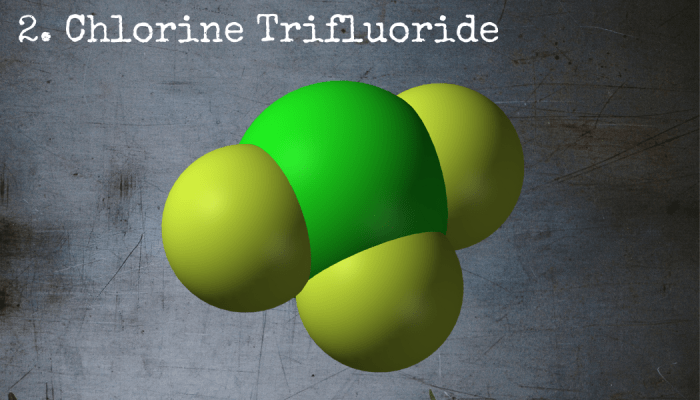 Chlorine trifluoride, first discovered by the Nazis during WWII, is corrosive enough to eat through concrete.