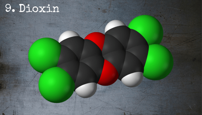 Dioxin is a highly toxic, fat-soluble chemical that causes damage to organs and lesions on the skin.