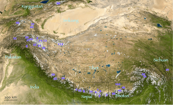 The purple dots indicate the world's highest mountains: from Everest (#1) on down, the hundred tallest are in Central Asia.