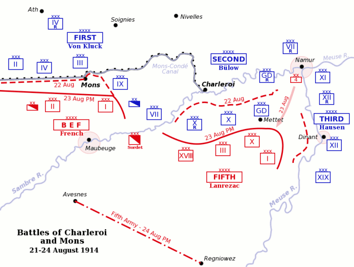 Note: Newcomers to Great War maps can get confused when they see "French" where British positions are. "French" here refers to Sir John French, commander of the BEF. Lanrezac is the French General. Allies red; Germans blue.