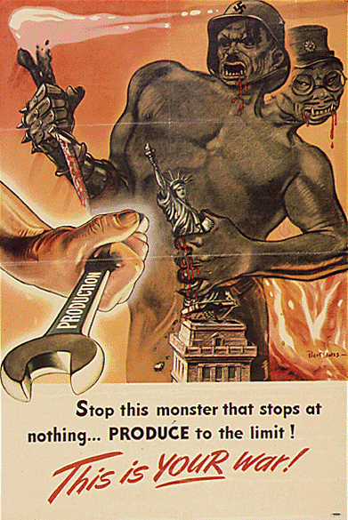 This World War II American propaganda shows the use of art in garnering public support for the war effort.