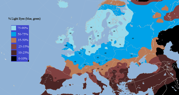 A map showing the density of light-eyed people in Western Europe. Melanoma risk increases for those who produce less eumelanin.