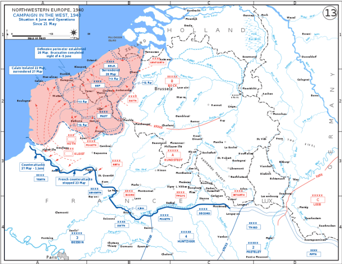 A map showing the positions of both the Allies and the Germans just prior to the battle of Dunkirk.