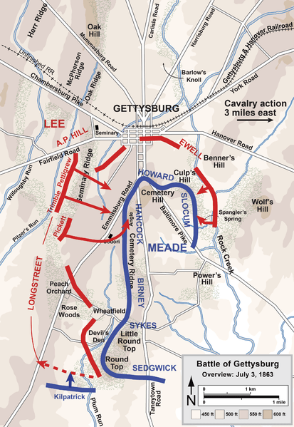 A strategic overview of the final day of battle (3rd July 1863). The Confederates are in red, and the Union are in blue.