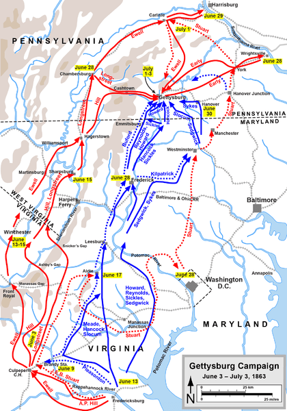A map showing the progress of both forces in the Gettysburg campaign up to the 3rd July 1863. The Confederates are in red, and the Union in blue.