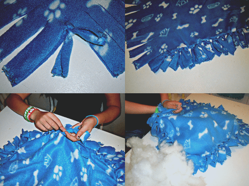 Knot most of the strips together carefully, then fill the bed with stuffing. Finish knotting the strips, and you're done!
