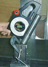 There are a variety of special tools used in the fabrication of a Chopper frame. One of the most important tools for keeping everything plumb, is a Bubble Angle Finder, shown here. The goal is to build the frame geometry so that it is plumb and squ