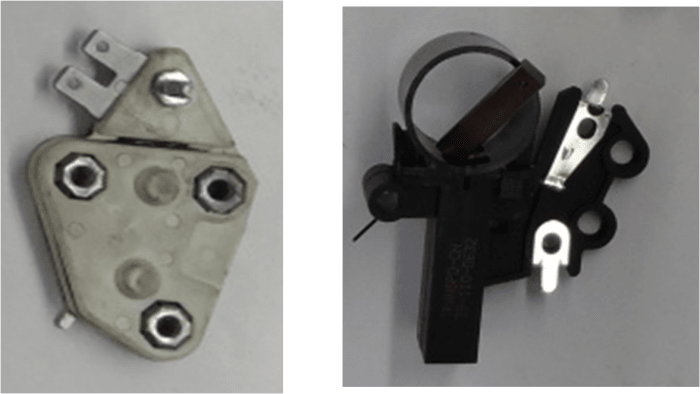 The voltage regulator controls the power through the stator. The brush holder retains the spring loaded brushes against the rotor slip rings.