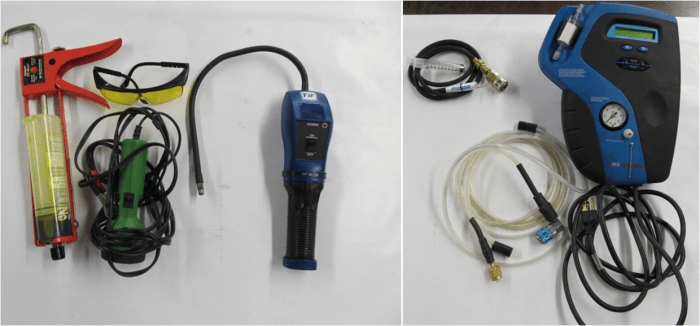 If the Static Pressure is low, a leak is probably present. Use the leak tester for larger leaks and the Dye with a black light for smaller leaks. Identify the refrigerant before hooking up to a recovery machine.