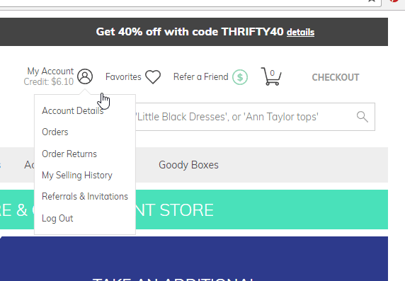 Here's the top menu on my ThredUp account where I can navigate my pay out, selling options and more.