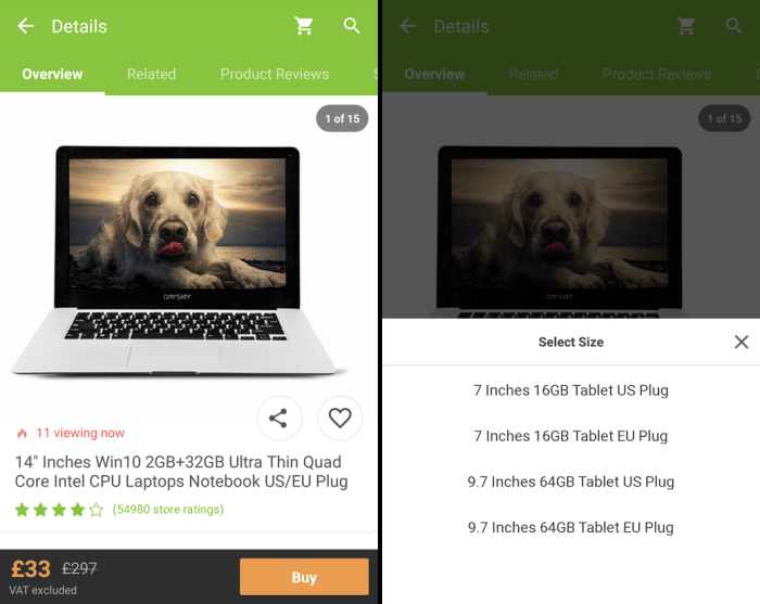 Some sellers try to lure you in with low prices, only for you to find out the price is not for the item in the picture. Such as this 14" laptop image/title with a price tag that's actually for a 7" tablet.