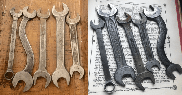 Two completely different looks at the same set of wrenches. One is taken by flash and artificial light (left) and the other natural light in the daytime (right).