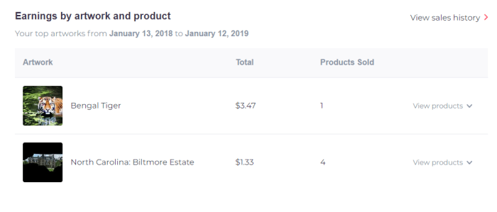 Using the Redbubble Dashboard, I can see that these are my two most popular works and the ones that I should focus on marketing.
