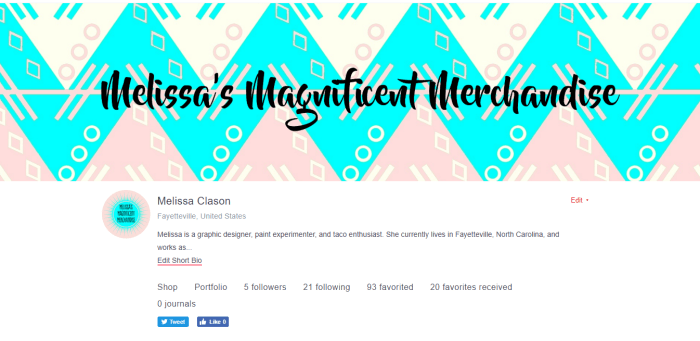 This is my Redbubble profile. I used a blue and pink color scheme with a black font to create my avatar and cover image, and used geometric patterns to make it decorative and fun.