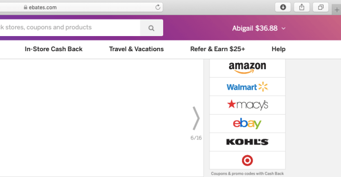 This is a screenshot of an Ebates page that shows my earnings so far for a particular quarter. Earnings are displayed on the top right hand corner of the main page.