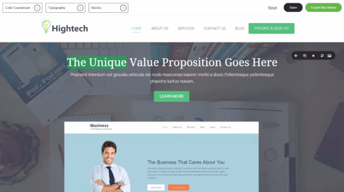 ▲ Tech Theme allows you to edit content directly on the page - skip the admin console completely and get things done faster than ever.