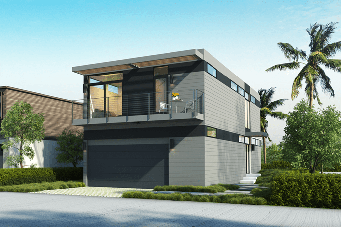 This two-story, 3-bedroom/2.5-bath home by LivingHomes boasts 1,700 sqft. Prices estimate around $340,000 for the modules alone, or $566,000 complete.