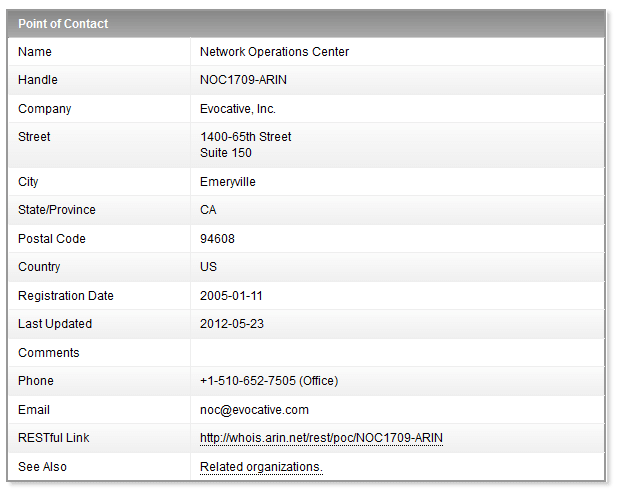 Screenshot of the third page of the Arin search. An email for the host of HubPages is found, along with other information.