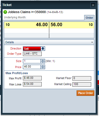 You can even trade economic events with NADEX binary options. This example is a sell on Jobless Claims greater than or equal to 350K.